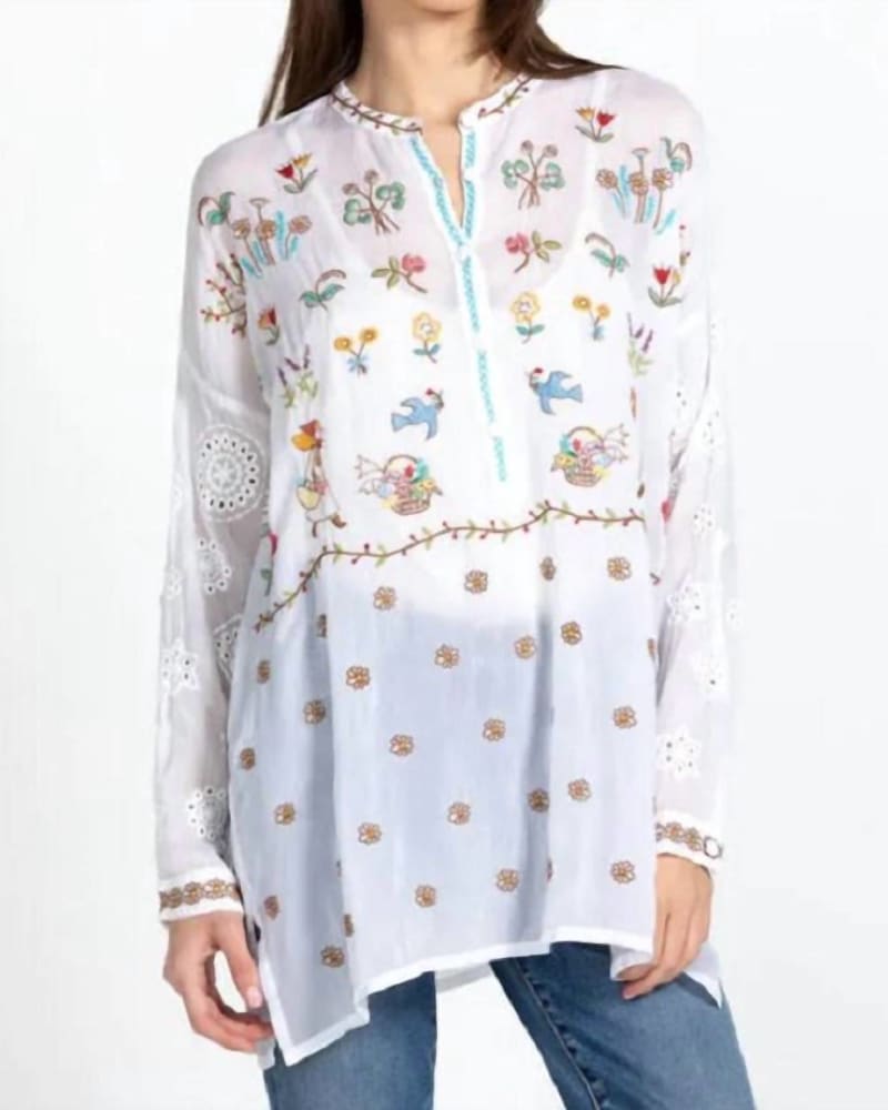 Front of a model wearing a size L Sami Tunic in White in White by Johnny Was. | dia_product_style_image_id:333890
